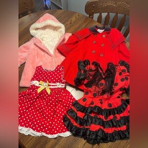 VTG 24M Girls Lot Rothschild Red Wool Sailor Coat +Pink Faux Fur+ 2 Cute Dresses